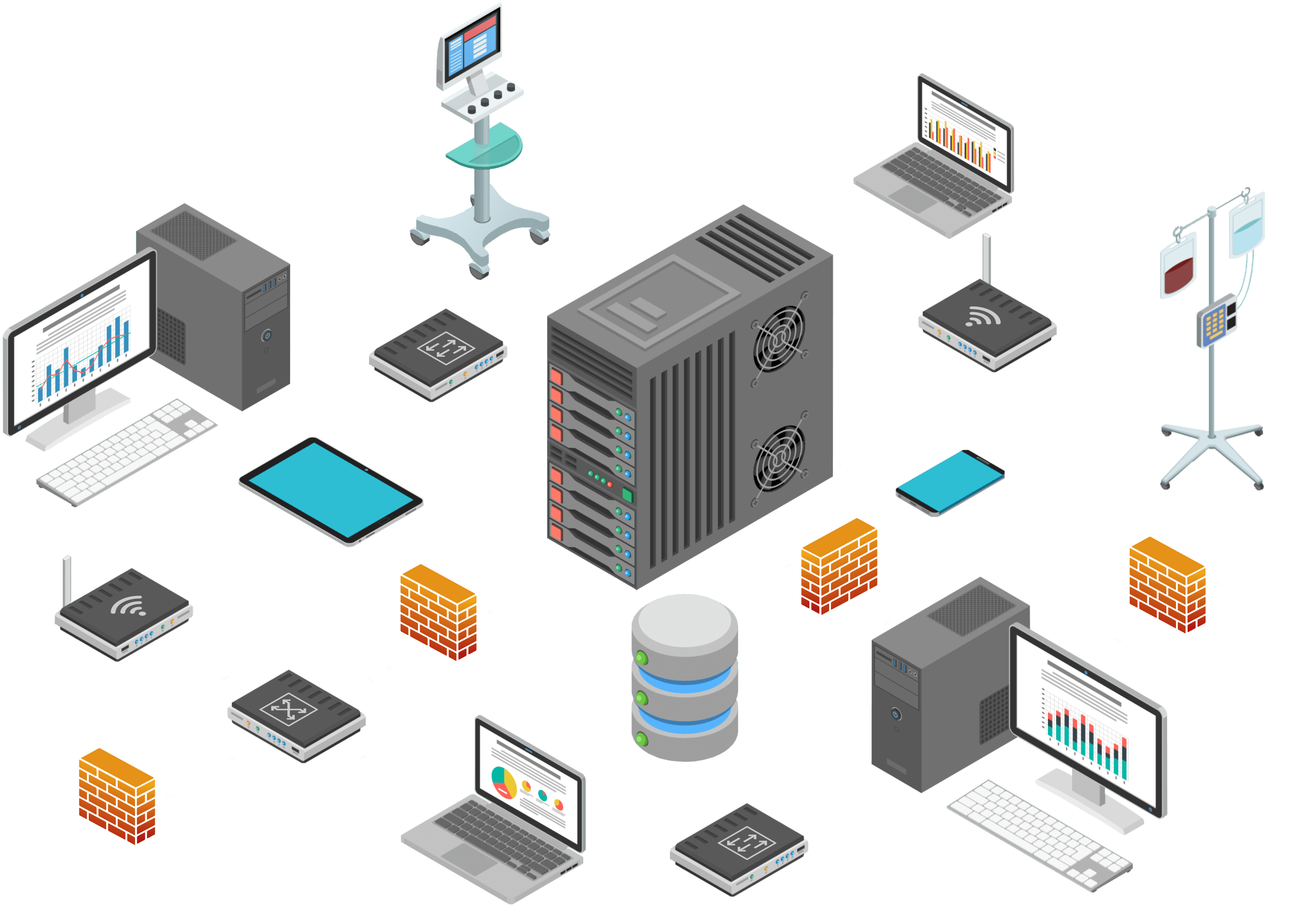 The image features the same architecture in the previous slide, but highlights the firewalls/routers