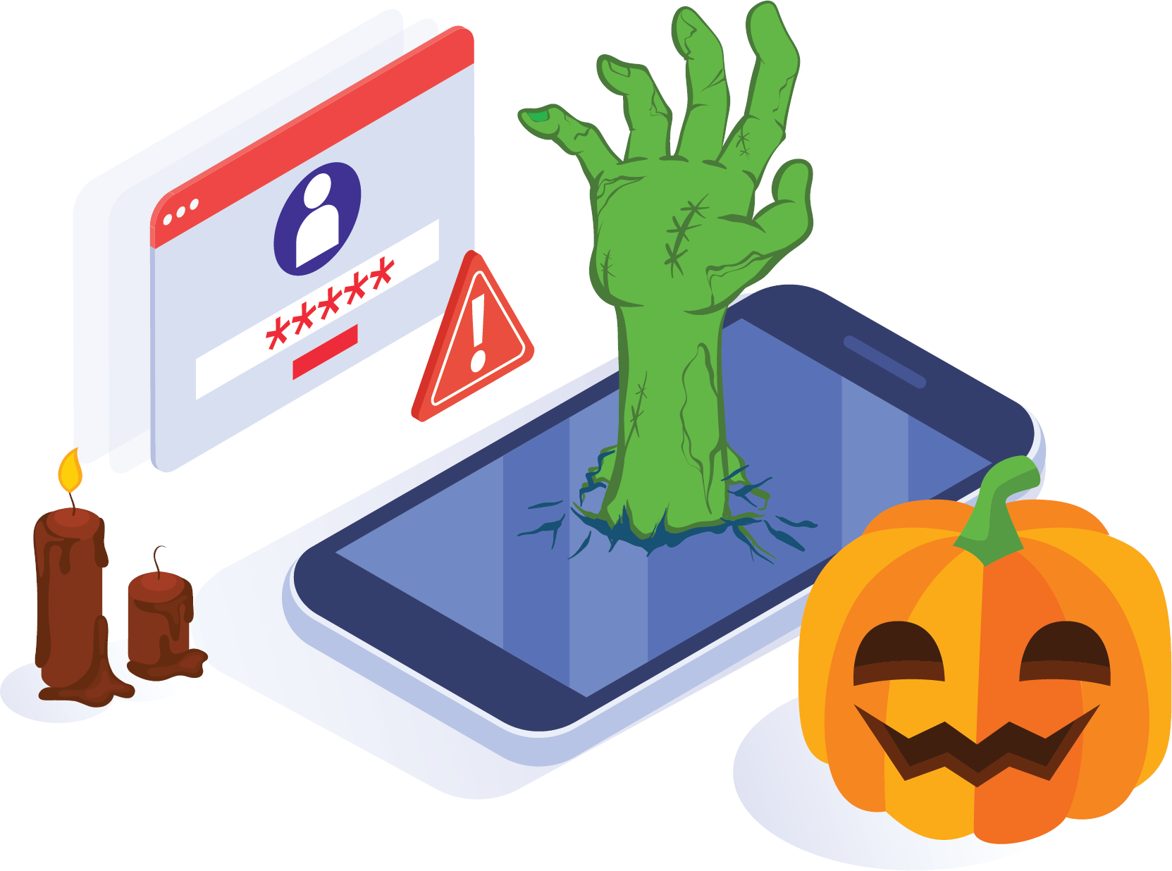 An illustration of a mobile device with Halloween-themed elements.