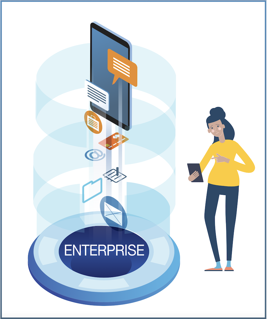 An illustration of a mobile device with various work and personal apps and data being used within an enterprise setting.