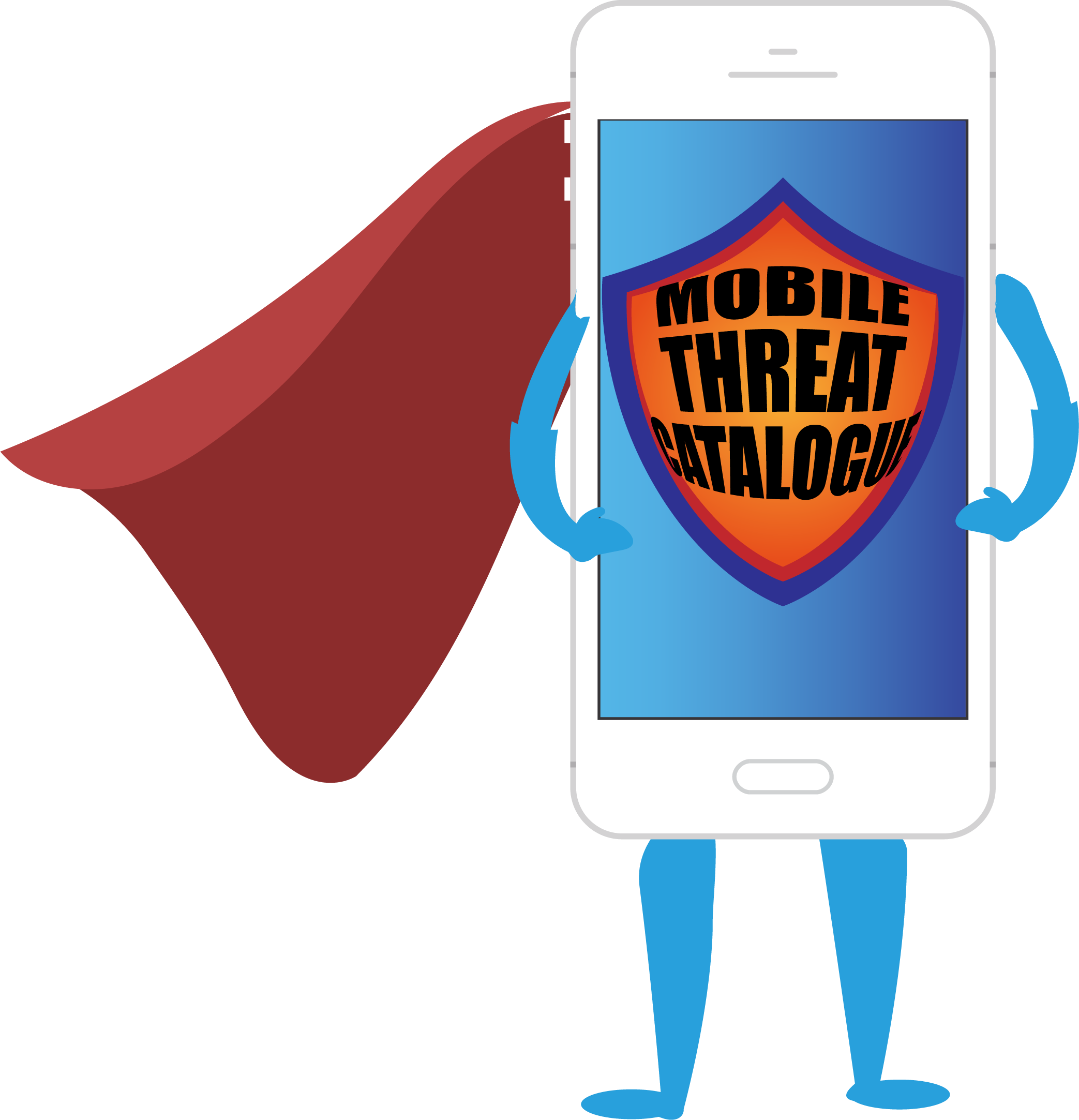An illustration of a mobile device in the form of a super hero with an emblem reading Mobile Threat Catalogue