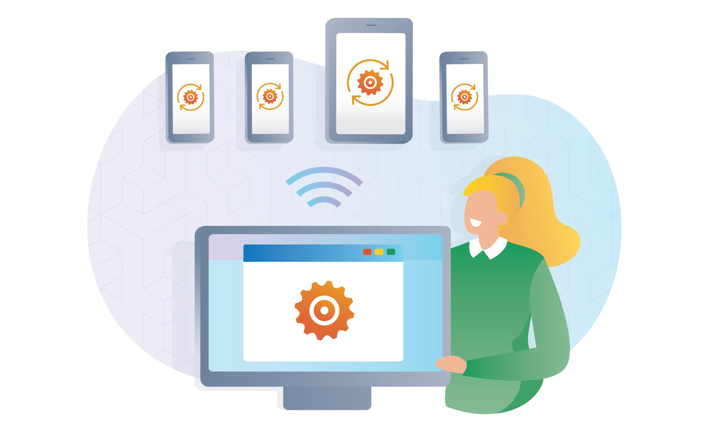 An illustration of mobile device management pushing security configurations to multiple mobile devices over WiFi.