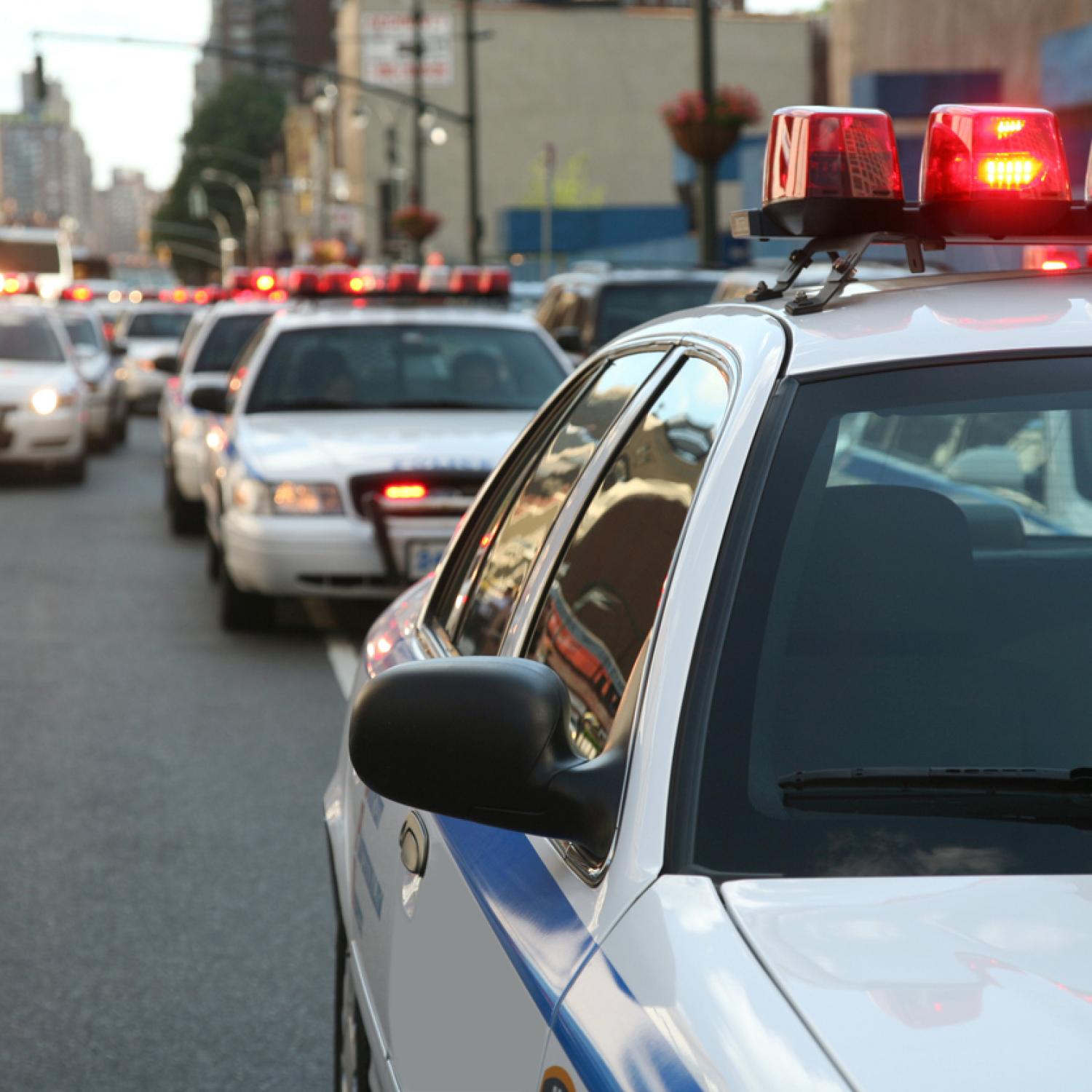 Row of police cars with flashing lights and sirens