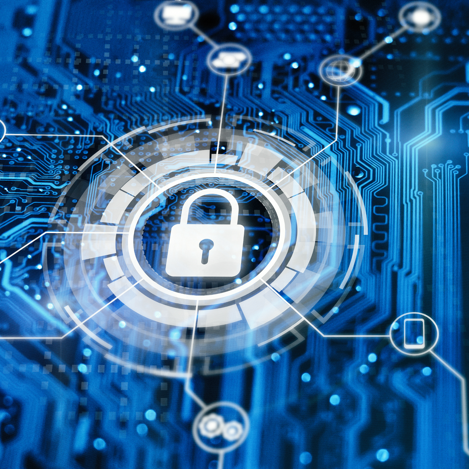 Abstract illustration of a digital lock and circuitry