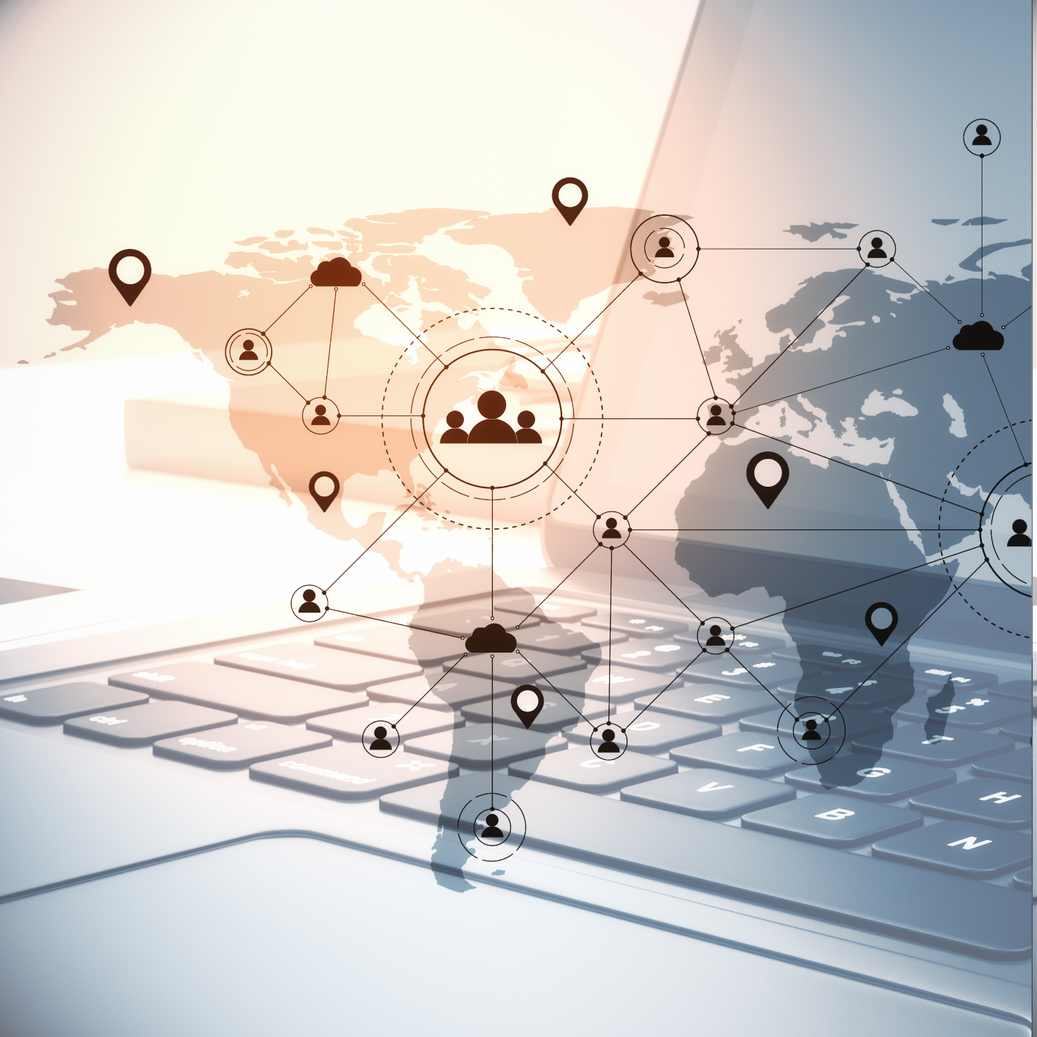 Abstract illustration of a world map showing global networks, users, and locations superimposed over a photo of a laptop.