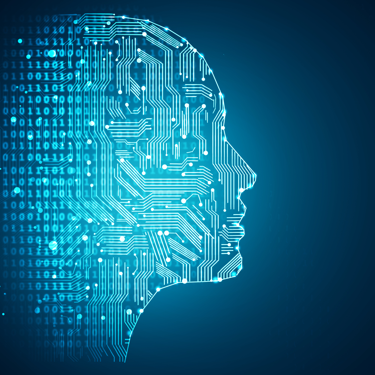 Abstract concept art of digital information and circuitry in the shape of a human head