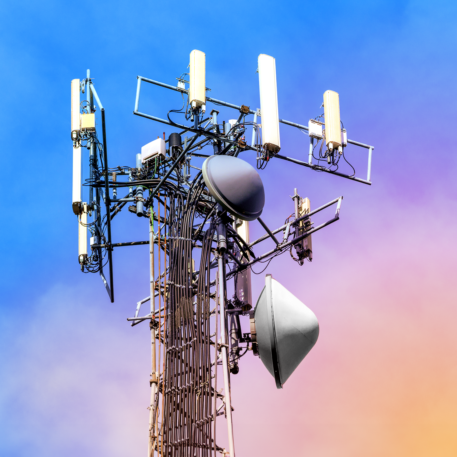 A color enhanced photograph of a cellular tower.