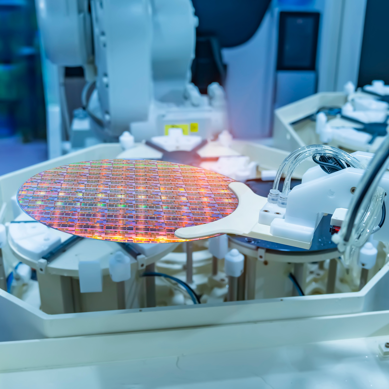 Photo of a robot holding a silicon wafer.