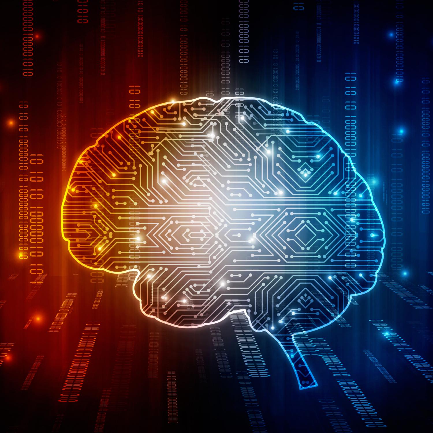 Illustration of a brain made of circuitry with binary data flowing around it.