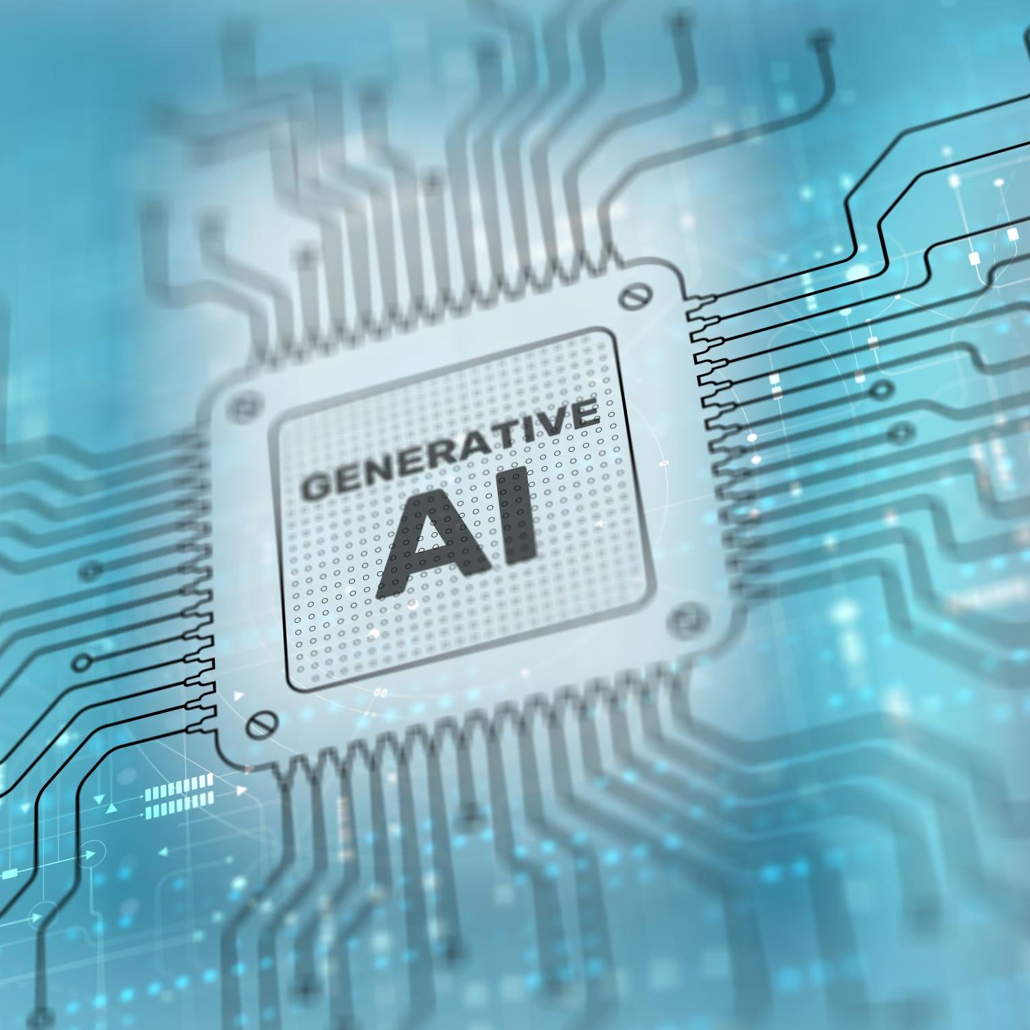 a computer chip with the text, generative AI, on the chip atop a blue background