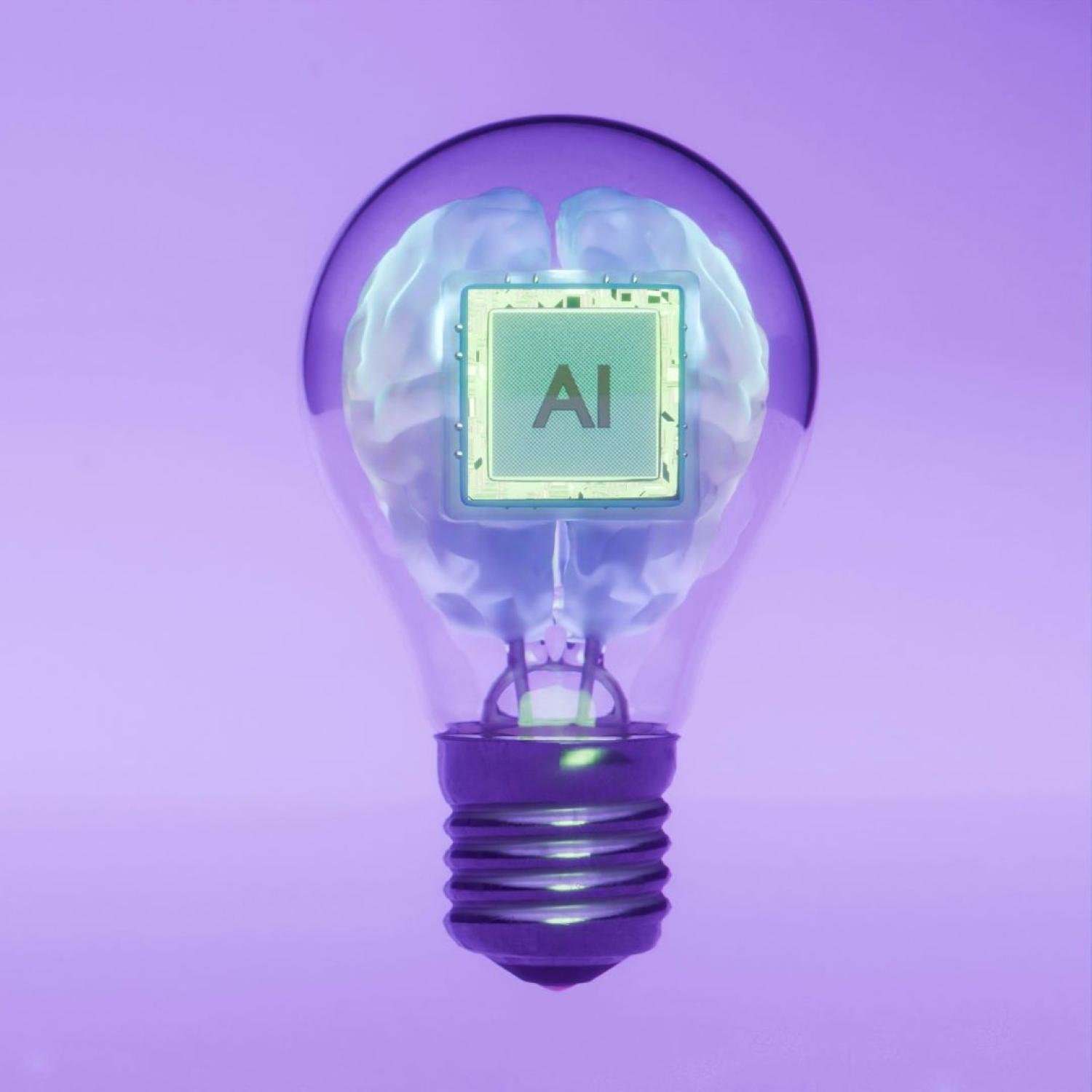 Lightbulb displaying "AI" with a purple background.