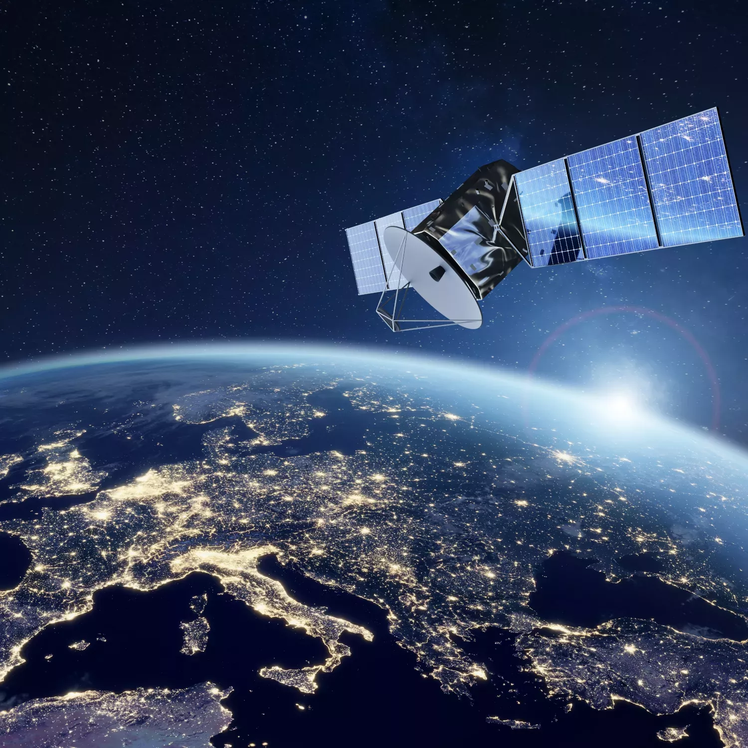 Satellite above earth with sun in the background.