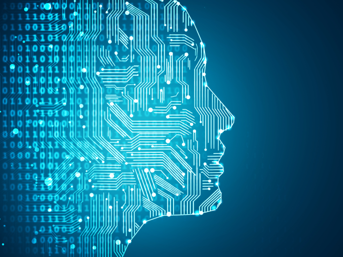 Abstract concept art of digital information and circuitry in the shape of a human head