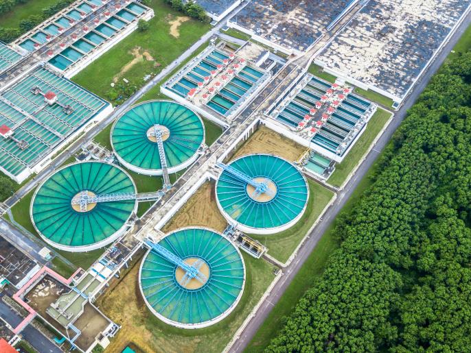 Aerial photograph of a water treatment facility.