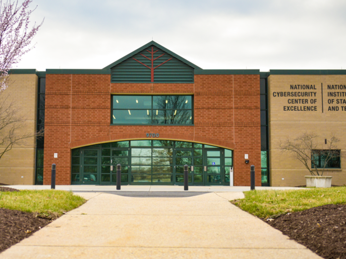 Main entrance of the National Cybersecurity Center of Excellence (NCCoE).