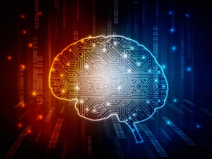 Illustration of a brain made of circuitry with binary data flowing around it.
