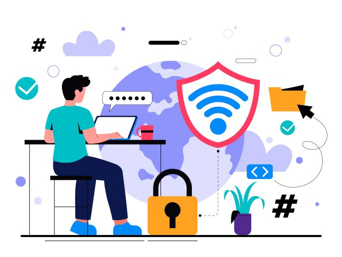 An illustration of a person using a laptop, surrounded by cybersecurity symbols including a large shield with a Wi-Fi icon, a padlock, and a password bubble.