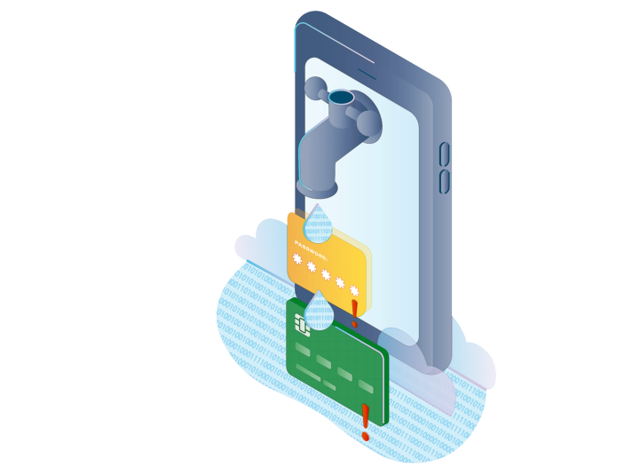 Concept art depicting a mobile device leaking password and credit card information.