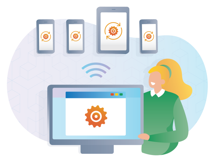 An illustration of mobile device management pushing security configurations to multiple mobile devices over WiFi.
