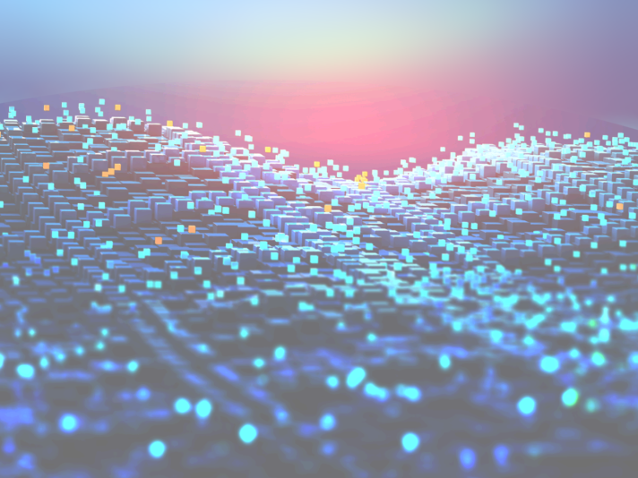 A digital landscape with a sun rising over mountains in the distance.