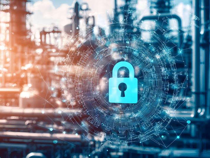 An icon of a lock in front of an industrial background with a blue tint
