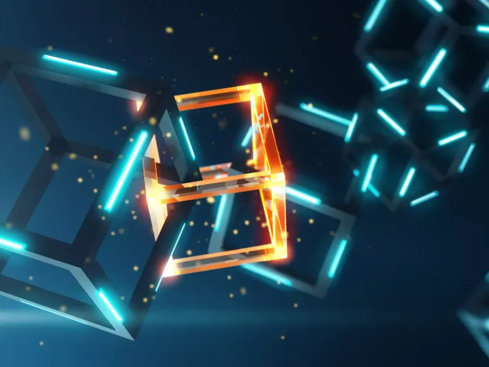 Blockchain with yellow and blue blocks.