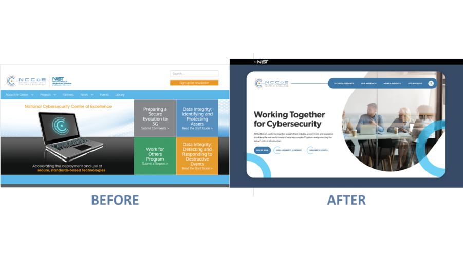 Legacy NCCoE website versus updated website homepages
