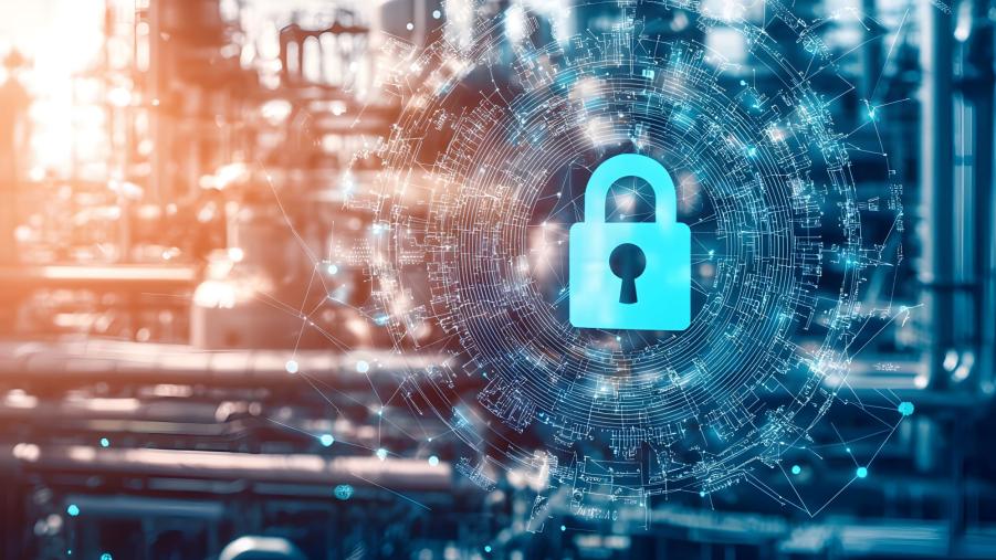An icon of a lock in front of an industrial background with a blue tint