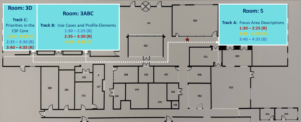 Map of the NCCoE showing the locations of rooms used during this event.